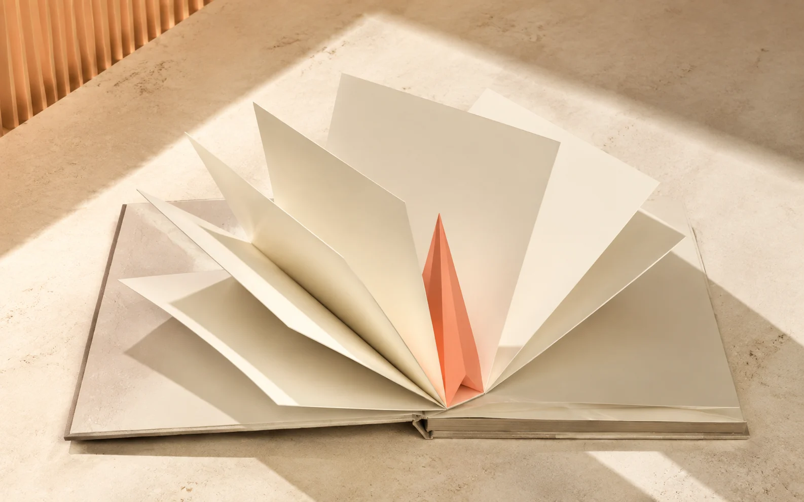 An open ivory folio with fanned pages and a coral prism