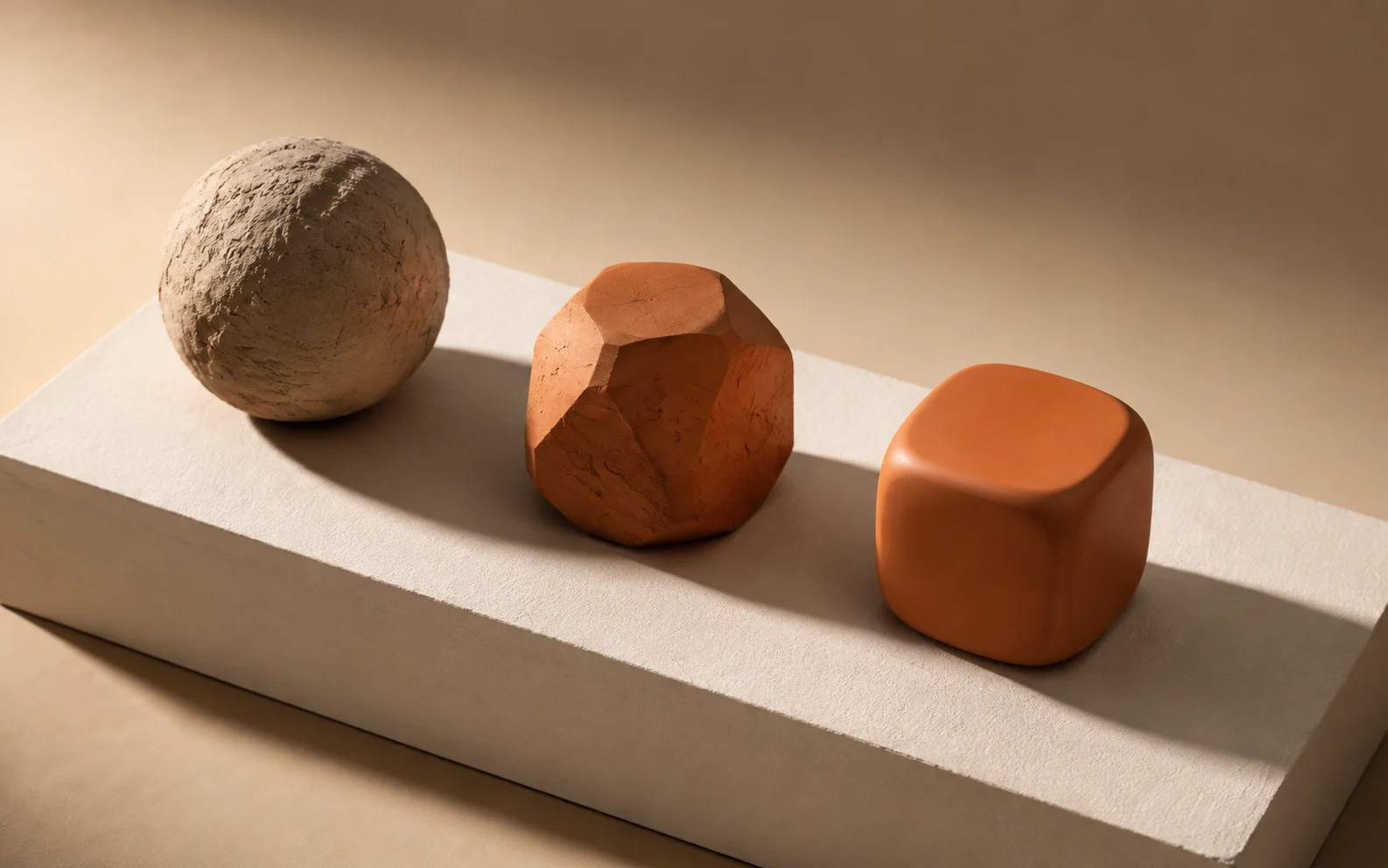 Three terracotta forms evolving from rough clay to a polished product