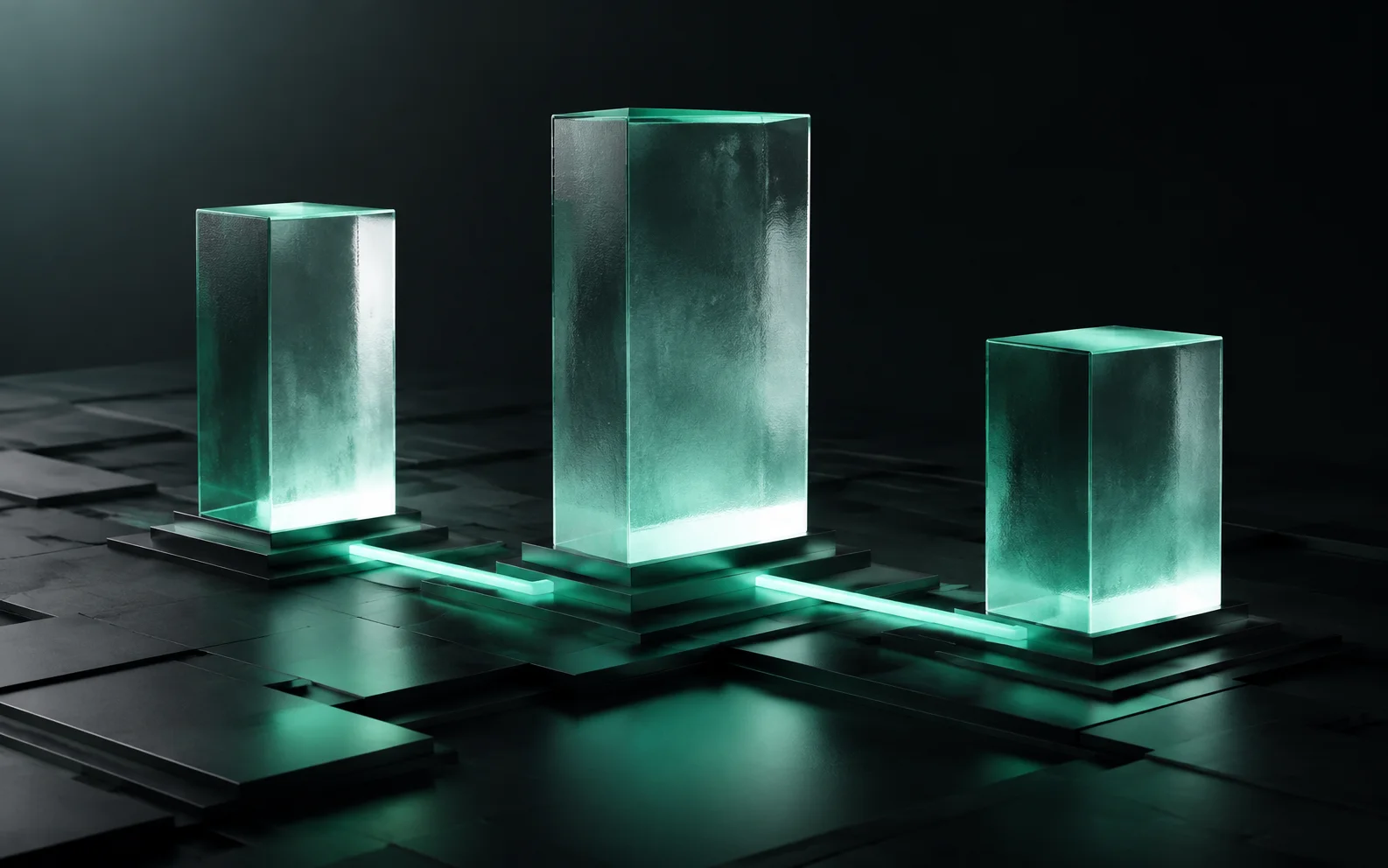 MadoHub: mint-lit glass structures on a dark plane
